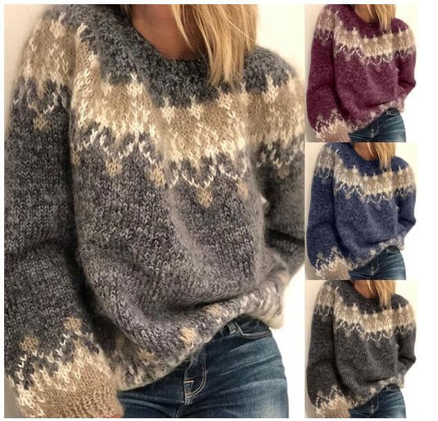 Women's Knit Sweater - Soft Wool Blend - Oversized Fit - Round Neck - Nordic Pattern