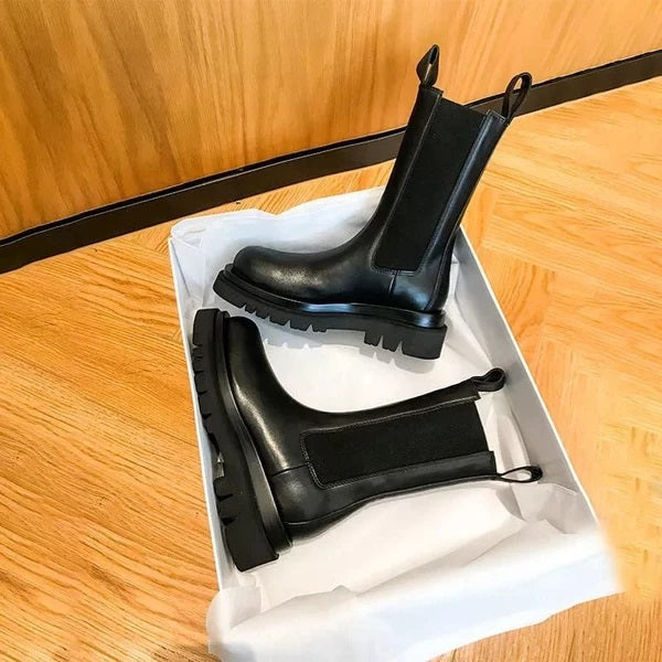 Women's Leather Boots - Mid-Calf - Chunky Comfort Sole - Slip-On Minimalist Design