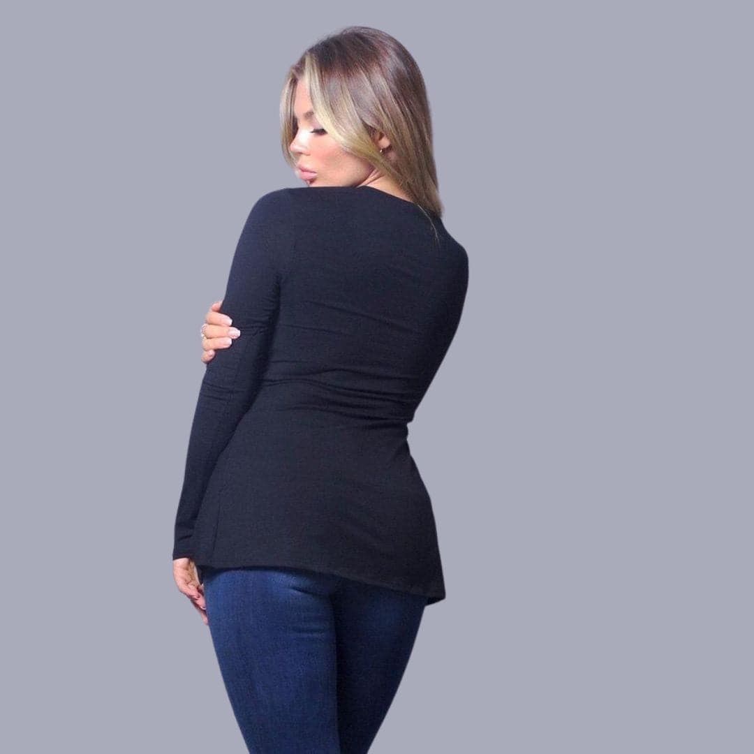 Women's Blouse - Long Sleeve Slim Fit - Round Neck - Asymmetric Hem - Stretchable Material