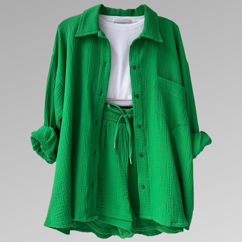 Women's Set - Soft Cotton - Button-Up Shirt & Elastic Shorts - Relaxed Fit