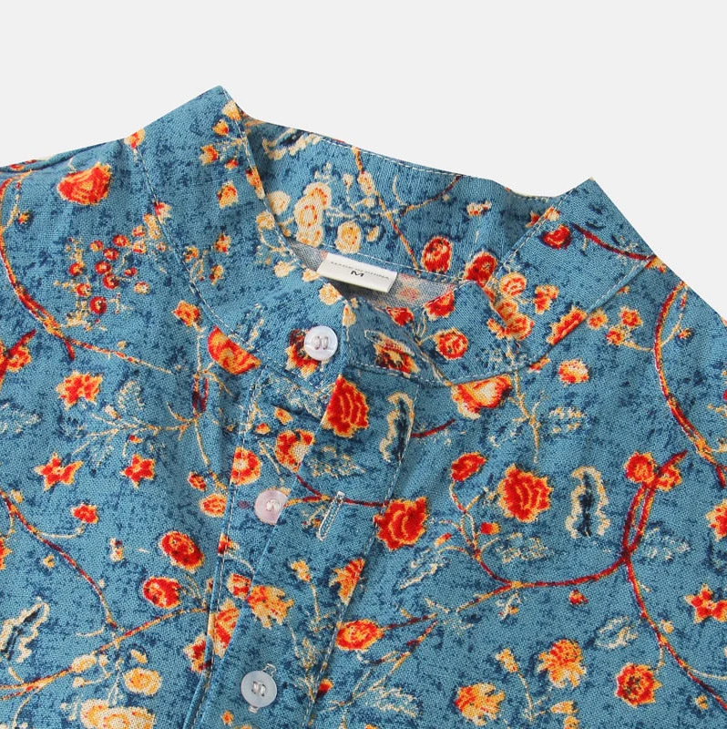 Men's Shirt with Short Sleeves – Relaxed Fit – Breathable Fabric – Mandarin Collar – Floral Pattern