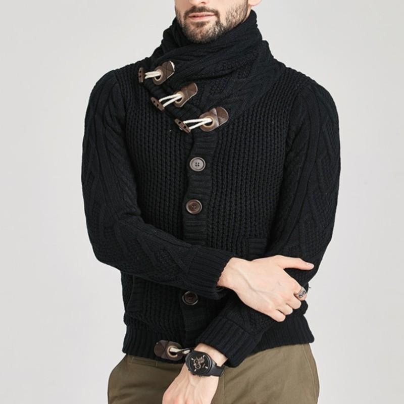 Herre Striktrøje - Høj Krave med Knapper - Kabelstrik - Slim Fit med Frontlommer