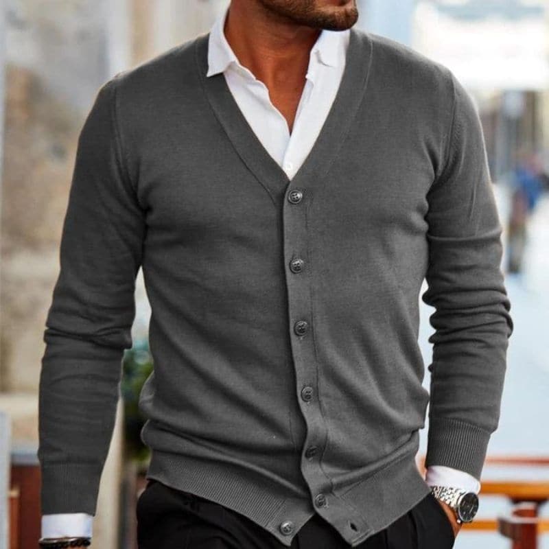 Herre Cardigan - V-hals - Knaplukning - Strikket med Ribkant - Stilren Regular Fit