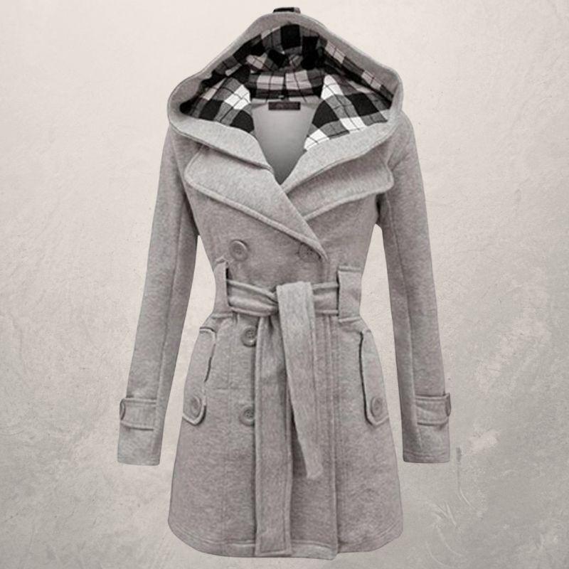 Dame Trenchcoat - Blød Fleece - Dobbelt Rad Knapper - Hætte & Bælte - Elegante Detaljer