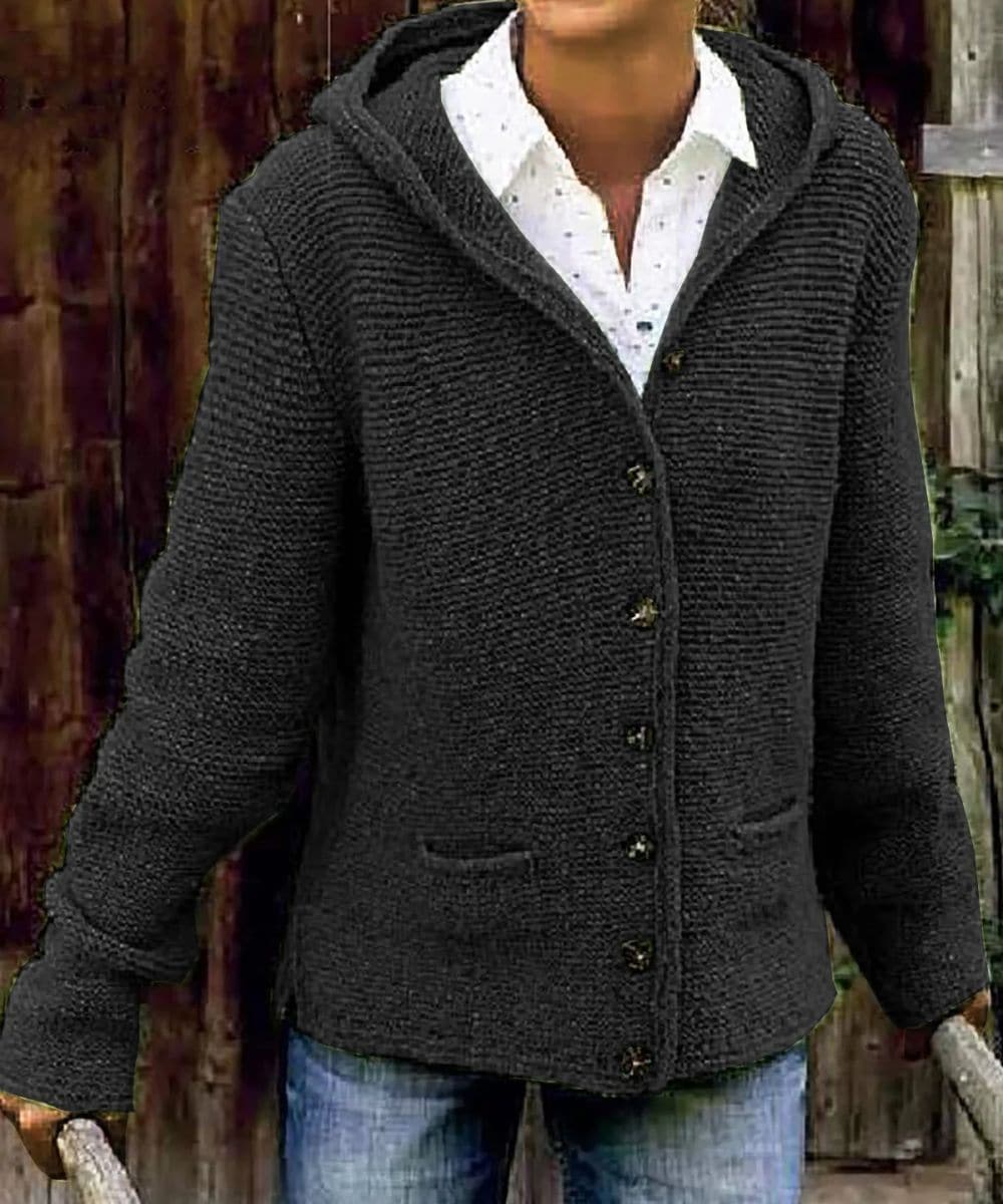 Kvinder Cardigan - Strikket med Knapper - Hætte og Lommer - Blødt og Varmt