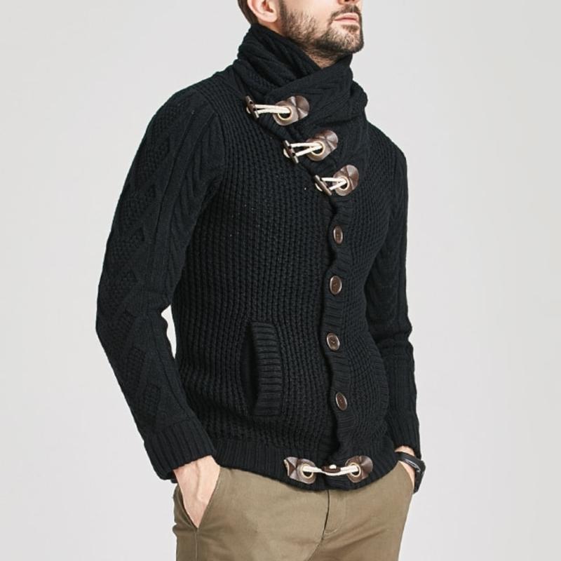 Herre Striktrøje - Høj Krave med Knapper - Kabelstrik - Slim Fit med Frontlommer