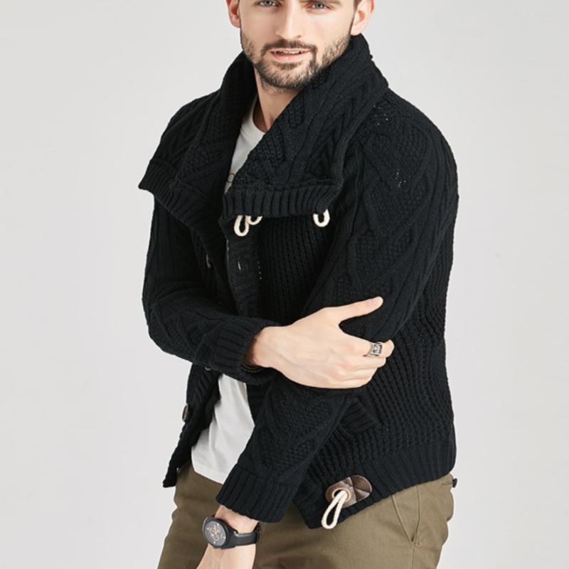 Men's Knit Sweater - High Collar with Buttons - Cable Knit - Slim Fit with Front Pockets
