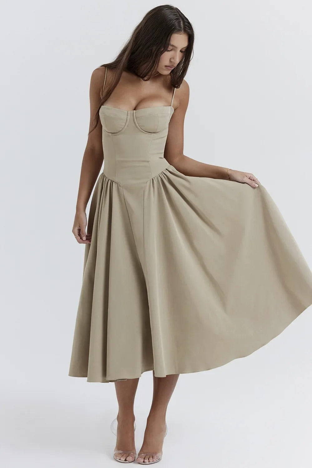 Dress for Women – Midi Length – Fitted Corset – A-Line – Spaghetti Straps