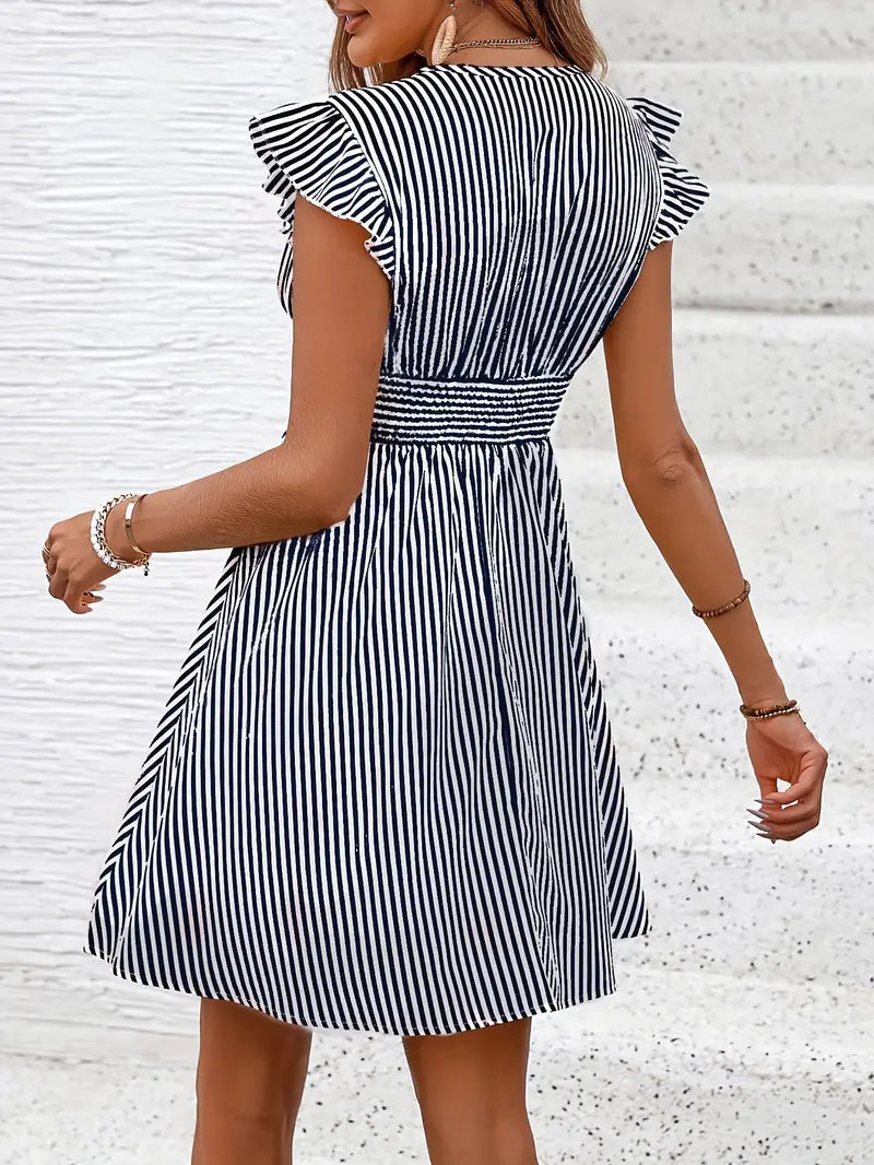 Women's Summer Dress - V-Neck - Ruffle Sleeves - Fitted Waist - Light and Breathable