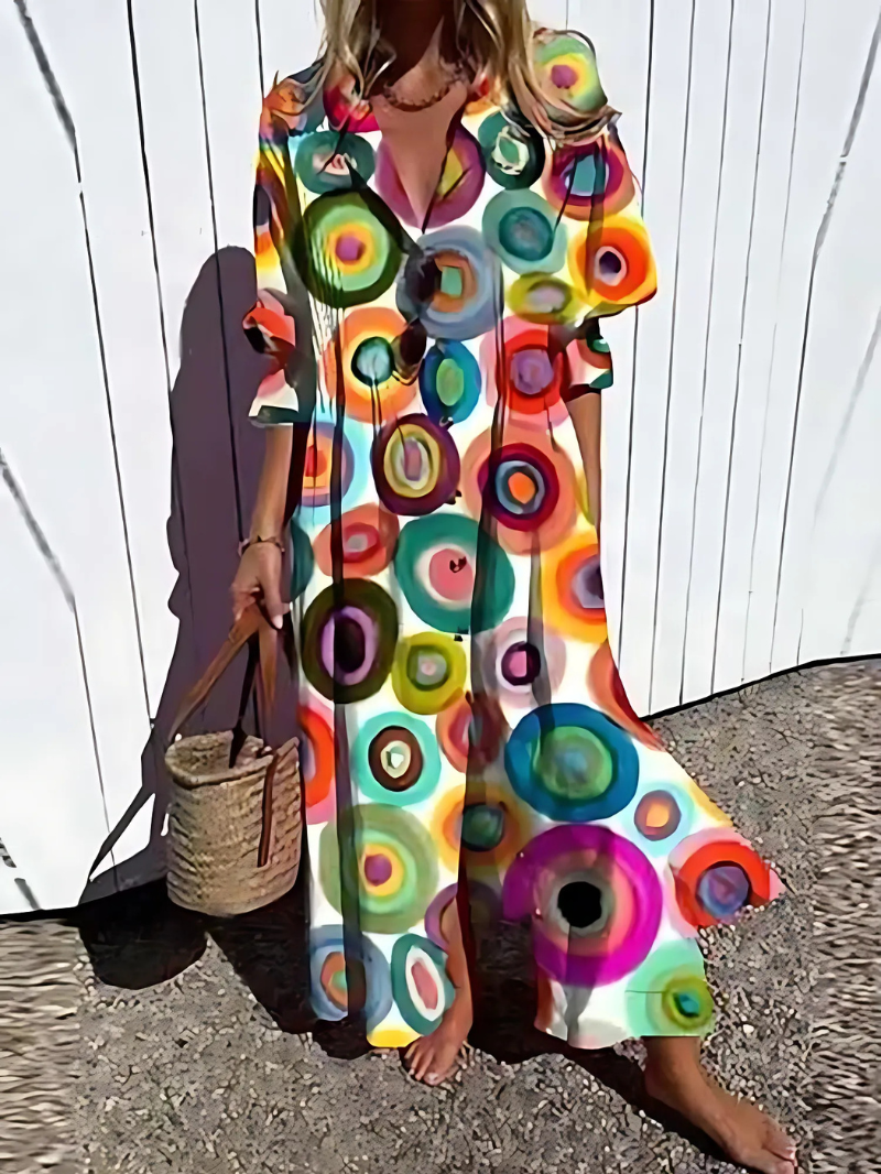 Women's Maxi Dress – Relaxed Fit – Lightweight and Breathable – Buttons – Leaf Print