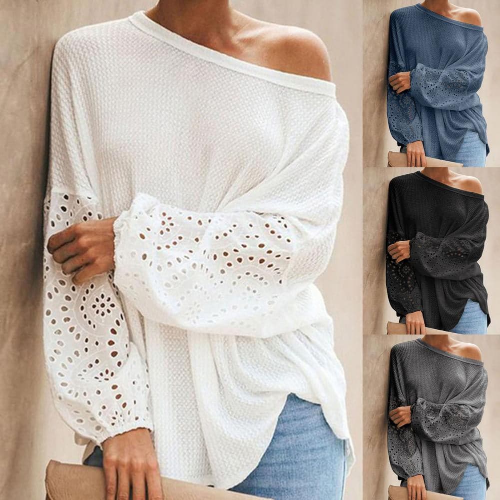 Women's Blouse - Off-Shoulder - Light Knit - Long Sleeves with Lace Details