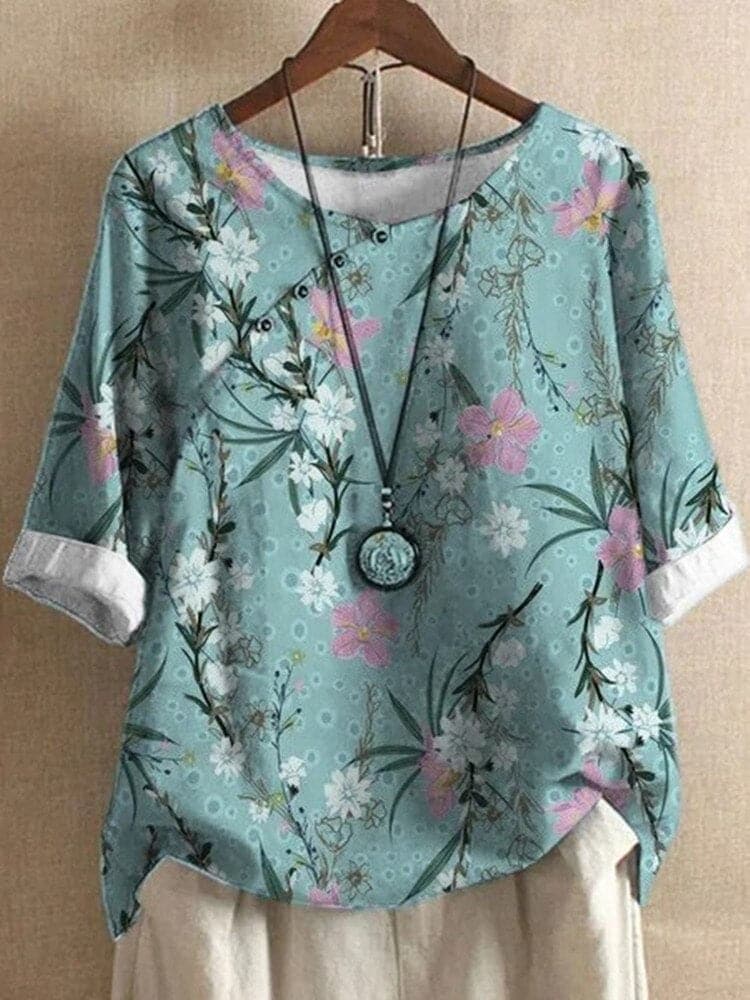 Dame Bluse - Blomsterprint - Afslappet Pasform - Rund Hals - Knapdetaljer