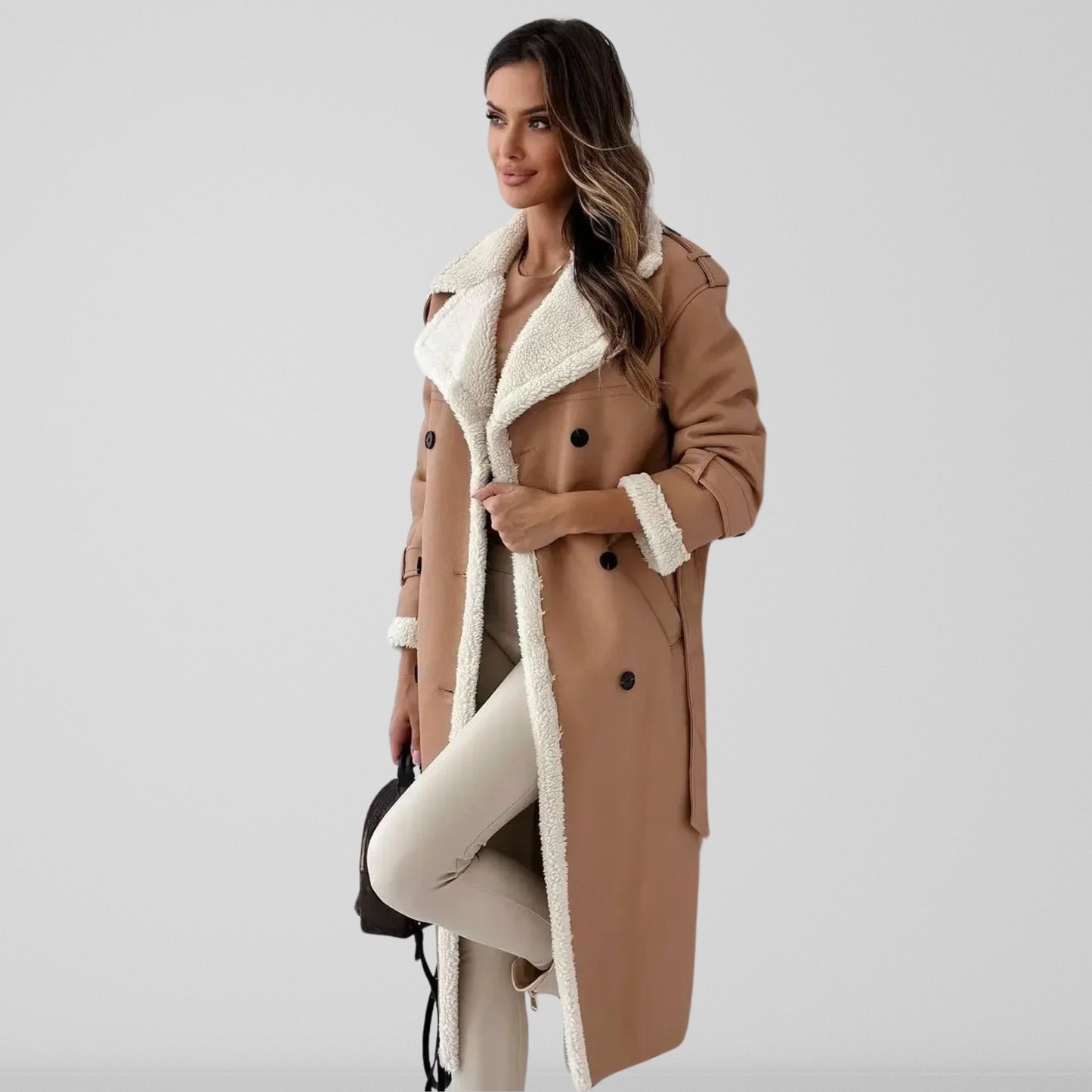 Women’s Trench Coat - Faux Leather - Double Breasted - Belted Waist - Shearling Trim
