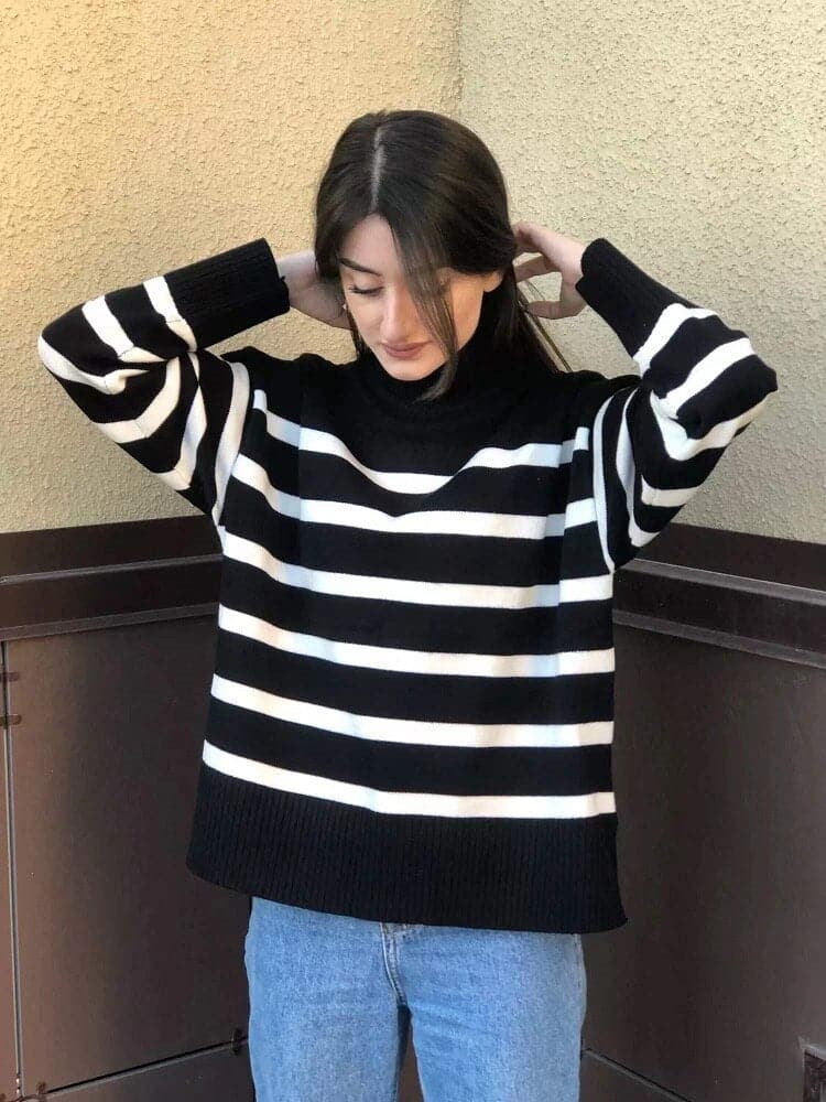 Women's Knit Sweater - Oversized Fit - High Collar - Soft Knitted Stripes