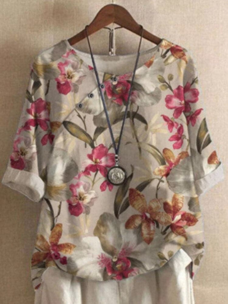 Dame Bluse - Blomsterprint - Afslappet Pasform - Rund Hals - Knapdetaljer