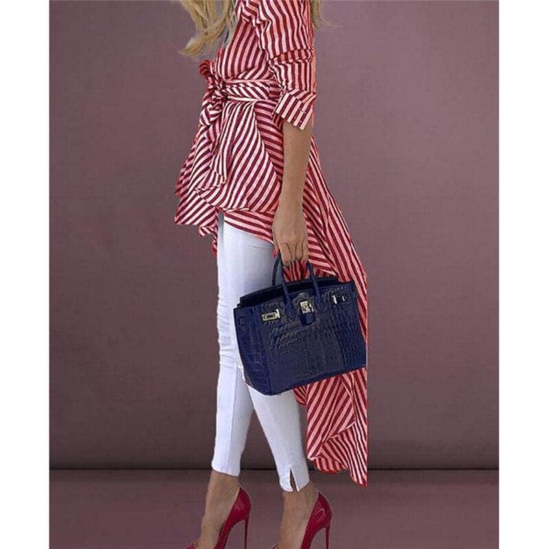 Women's Asymmetric Blouse - V-neck - Waist Tie - Striped Lightweight Design