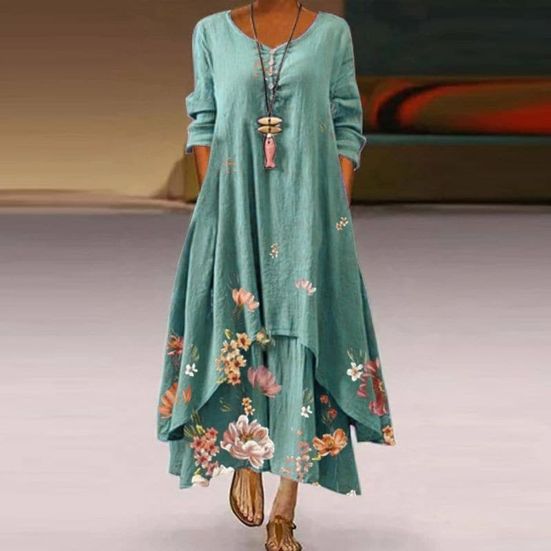 Women's Maxi Dress - Loose Fit - V-Neck with Buttons - Floral Lightweight Design