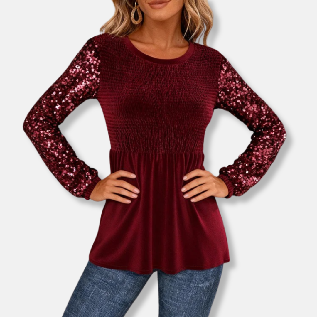 Amelia Peplum Top | Smocked Bodice Sequin Sleeves Peplum Top