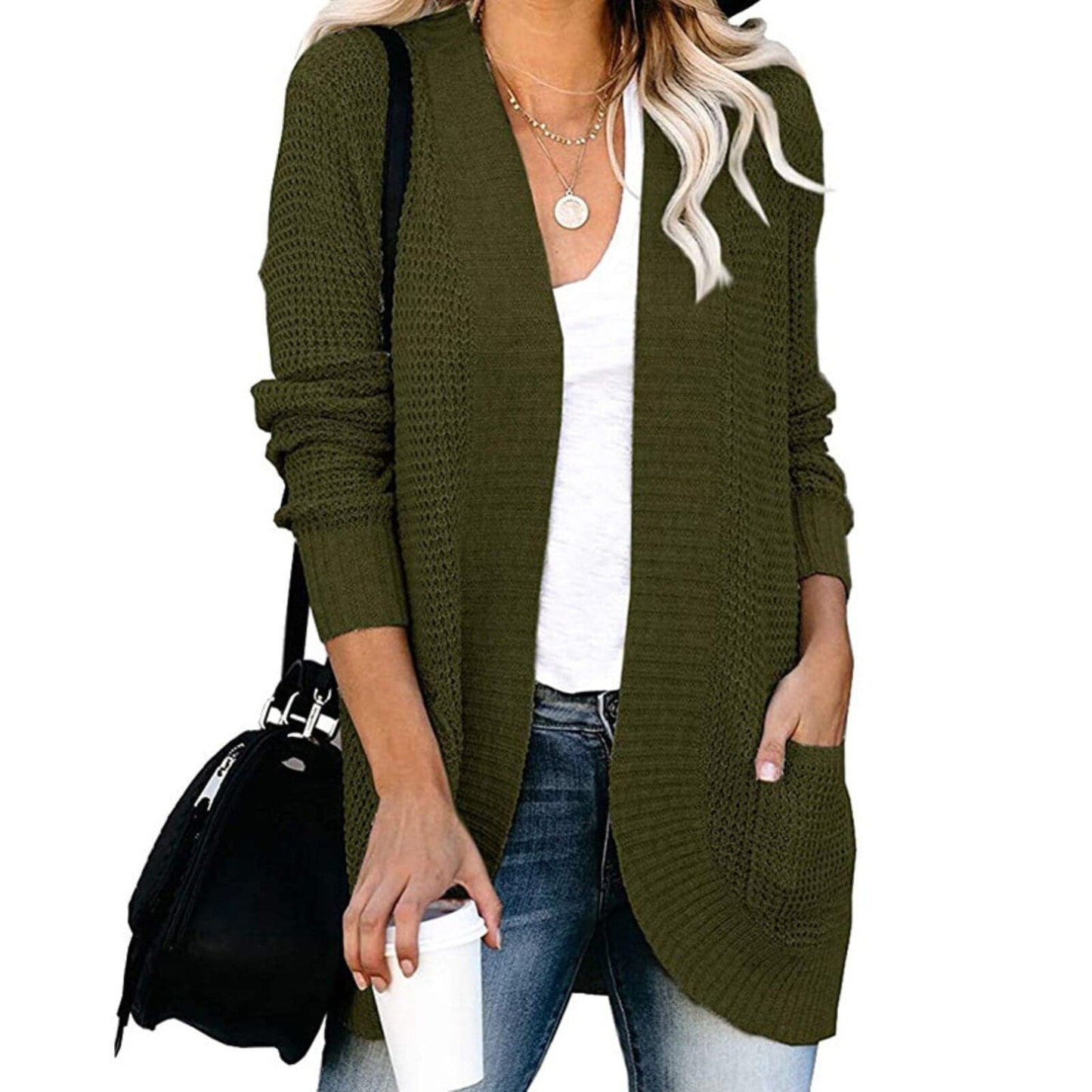 Women's Knitted Cardigan - Long-Sleeved Loose Fit - Open Front with Large Pockets