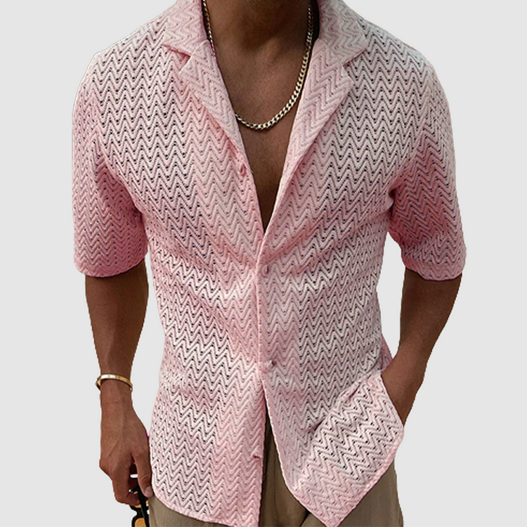Men's Shirt - Short-Sleeved Button-Up - Zigzag Pattern - Light and Breathable