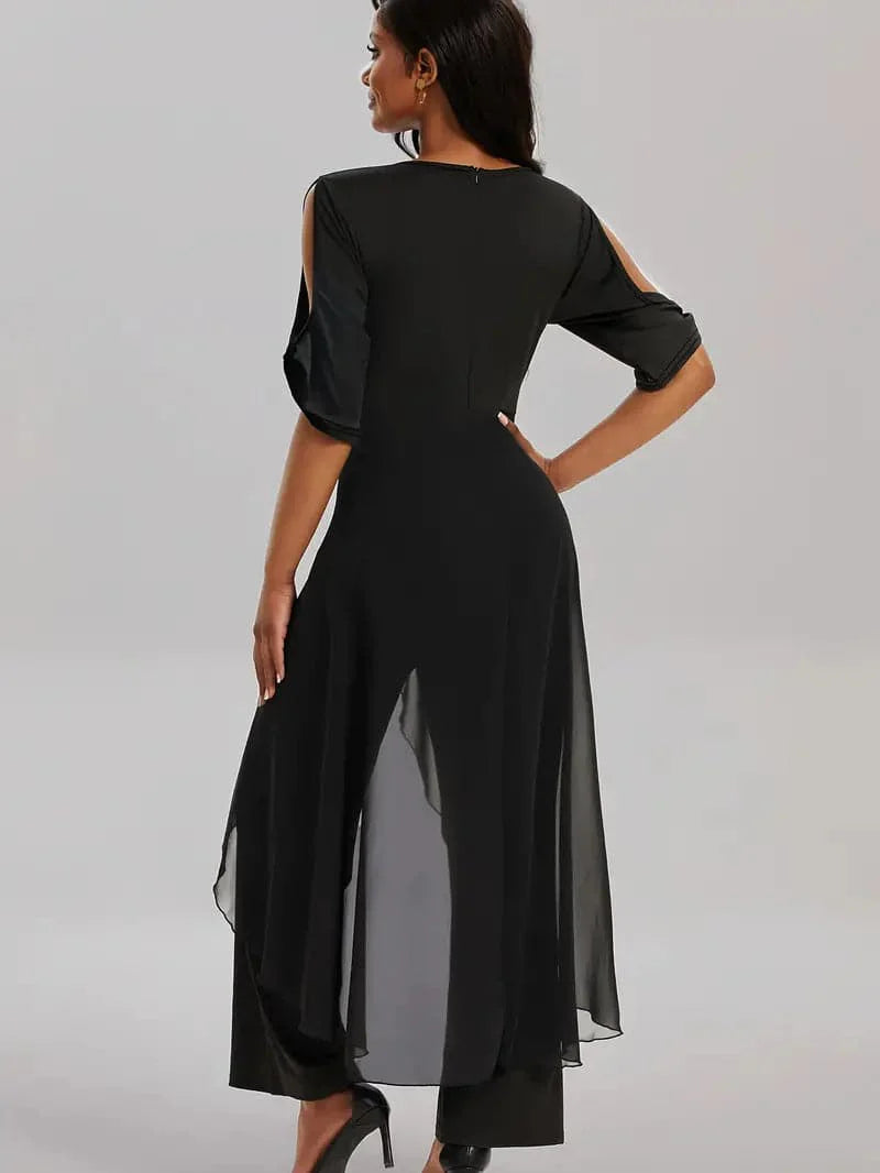 Dame Jumpsuit - V-hals Wrap Design - Slidsærmer - Lagdelt Asymmetrisk - Bred Ben