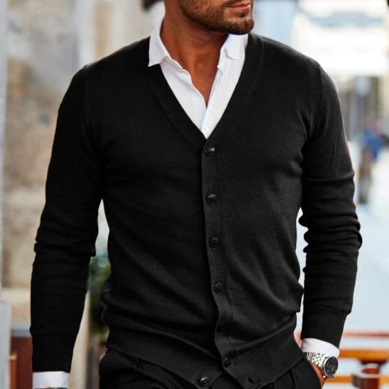 Herre Cardigan - V-hals - Knaplukning - Strikket med Ribkant - Stilren Regular Fit