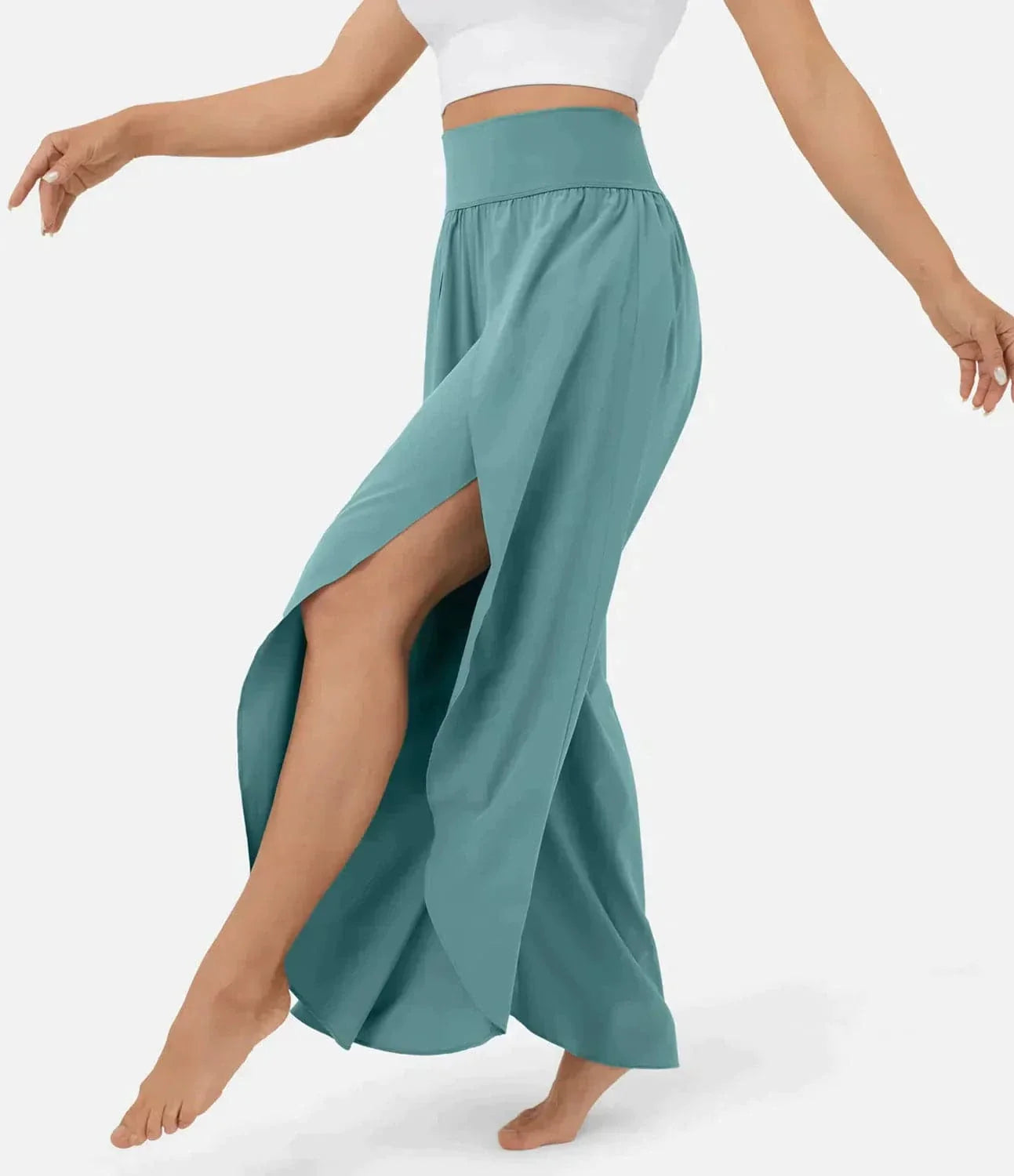 Women's Pants - High-Waisted with Wide Legs - Slit and Draped Design - Light and Breathable