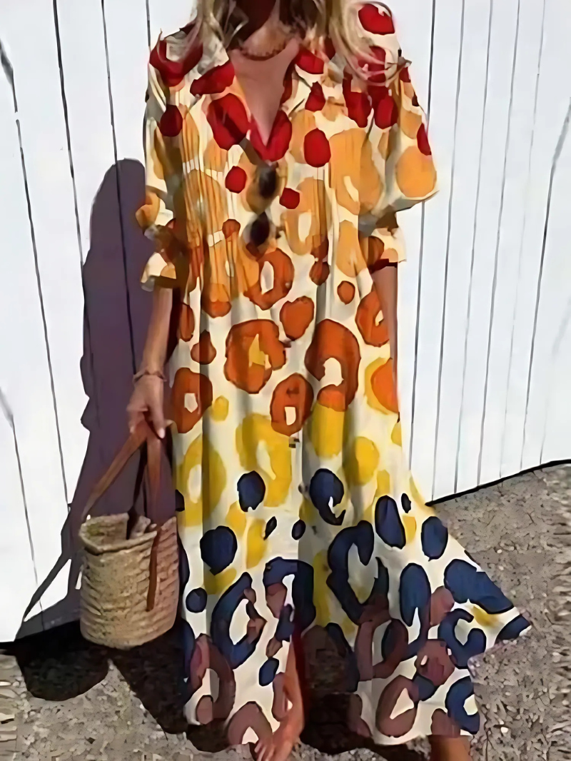Women's Maxi Dress – Relaxed Fit – Lightweight and Breathable – Buttons – Leaf Print