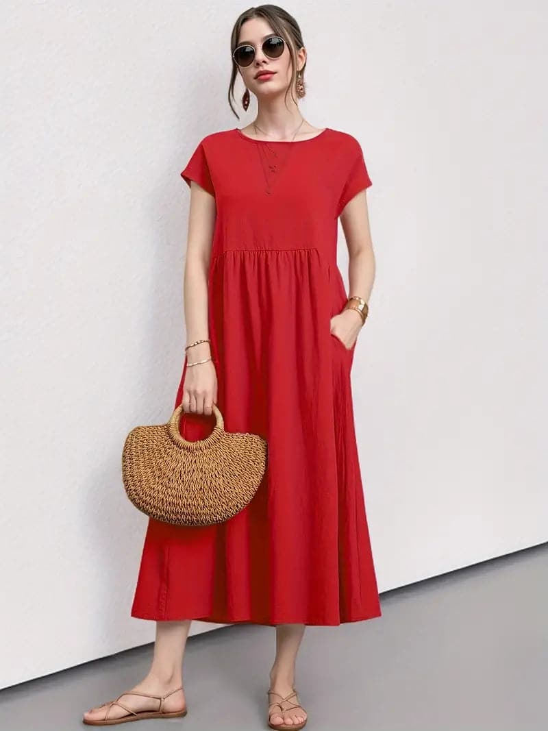 Women's Dress - A-line Fit - Short Sleeve - Round Neck - Midi Length - Lightweight and Breathable