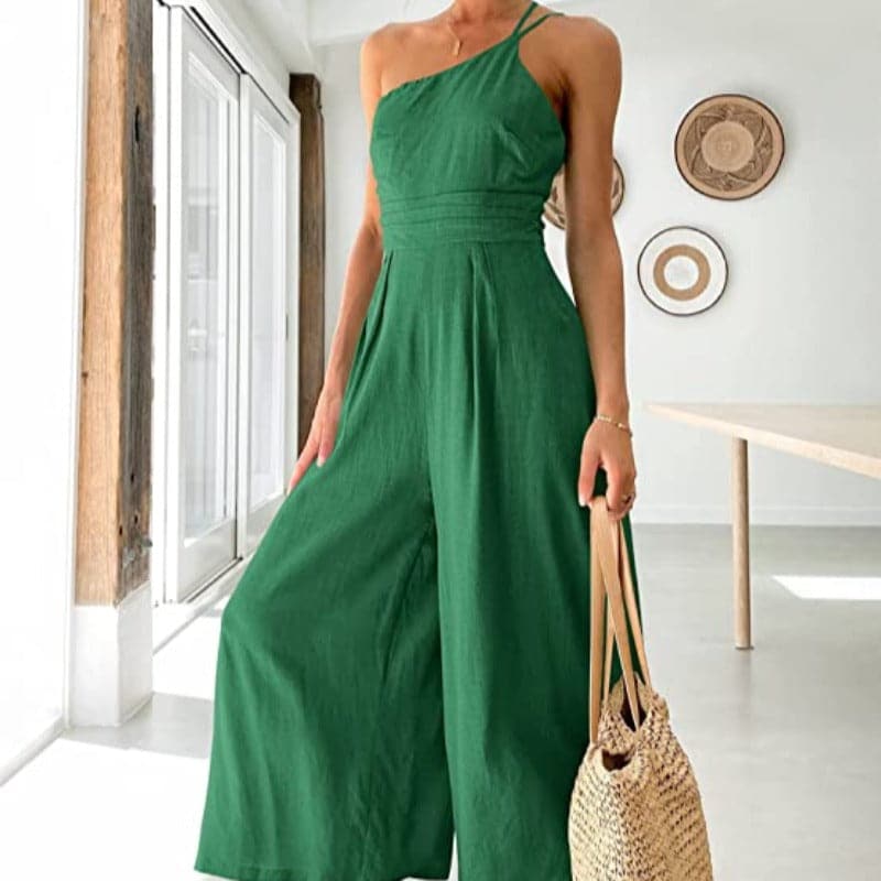 Dame Jumpsuit - One-Shoulder Design - Taljeret Pasform - Brede Ben - Elegant & Komfortabel
