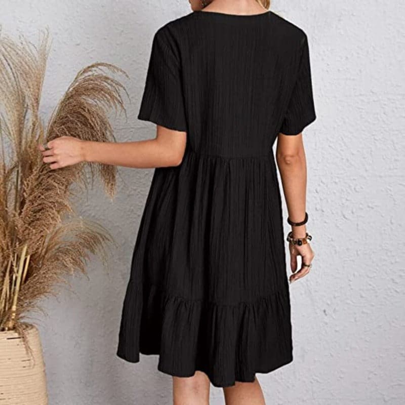 Women's Dress - Light and Breathable - V-neck - Short Sleeves - Loose Fit - Ruched Hem