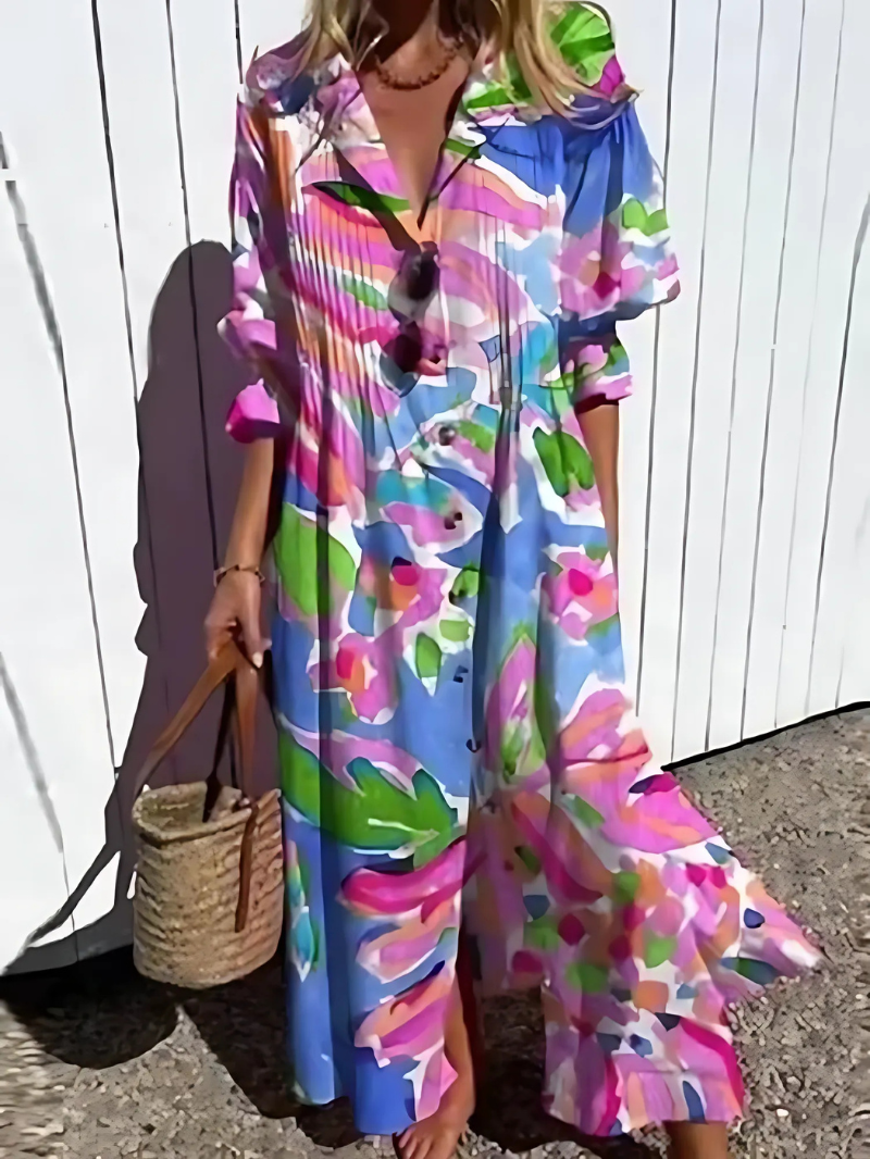 Women's Maxi Dress – Relaxed Fit – Lightweight and Breathable – Buttons – Leaf Print