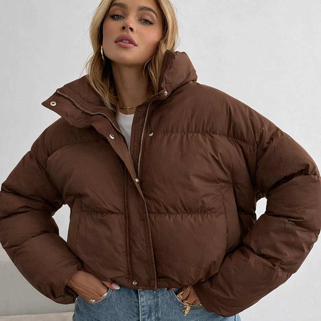 Women's Puffer Jacket - Short Model - High Collar - Zipper Closure - Warm and Stylish