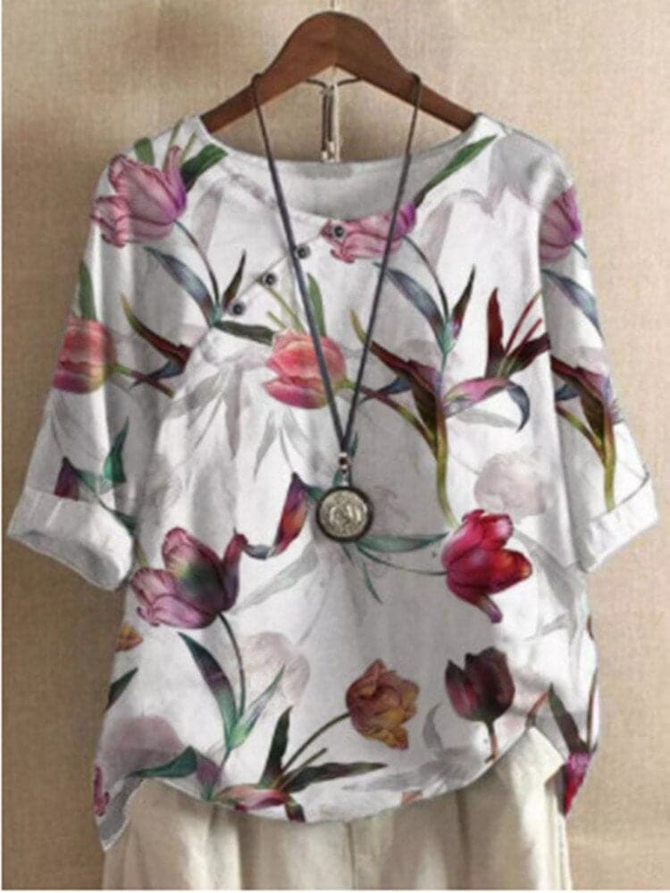 Dame Bluse - Blomsterprint - Afslappet Pasform - Rund Hals - Knapdetaljer