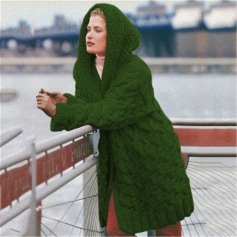 Women's Knitted Cardigan - Long Model - Cable Knit with Hood - Open Front