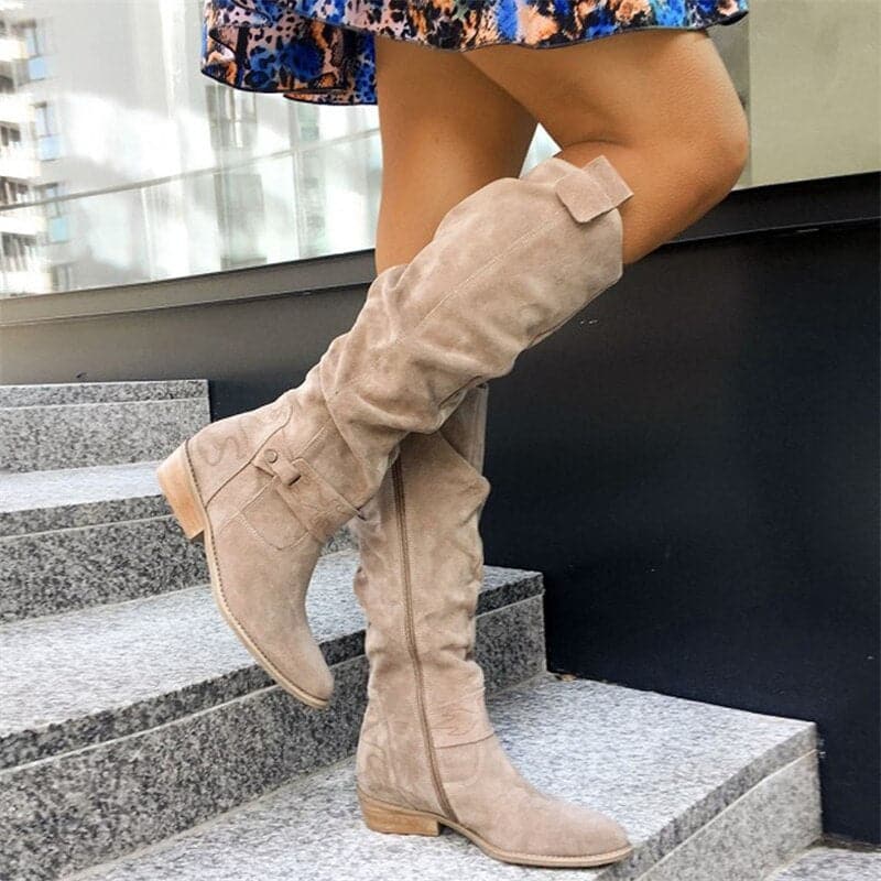 Women's Boots - Mid-Calf Slouchy Design - Genuine Suede - Flat Comfortable Sole