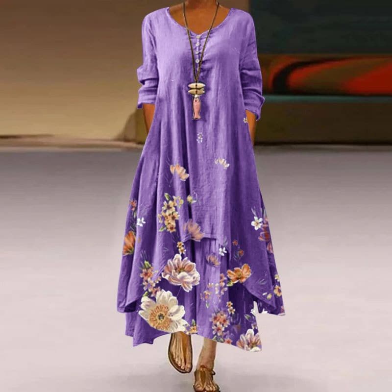 Women's Maxi Dress - Loose Fit - V-Neck with Buttons - Floral Lightweight Design