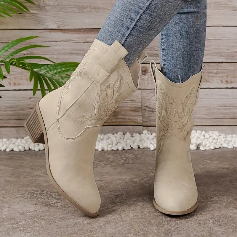 Women Western Boots - Embroidered - Mid-Calf Shaft - Suede Look - Block Heel