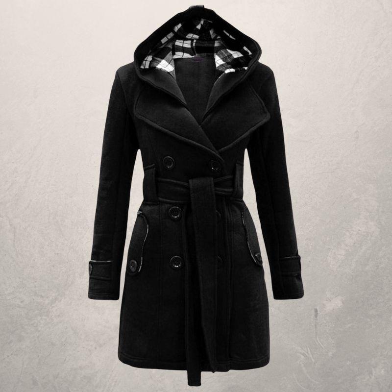 Dame Trenchcoat - Blød Fleece - Dobbelt Rad Knapper - Hætte & Bælte - Elegante Detaljer