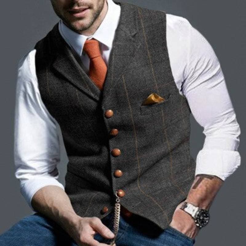 Men's Vest - Tailored Fit - Single-Breasted with Buttons - Textured Weave