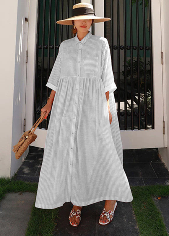 Women's Long Dress – A-Line Fit – Peter Pan Collar – Button Closure – Striped Design