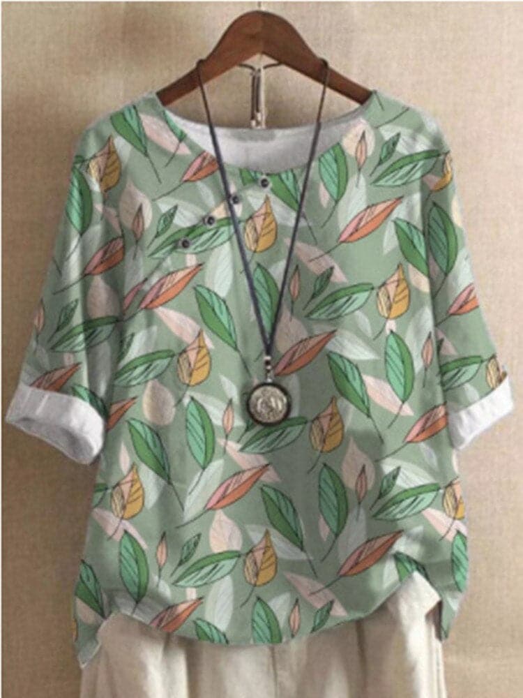 Dame Bluse - Blomsterprint - Afslappet Pasform - Rund Hals - Knapdetaljer