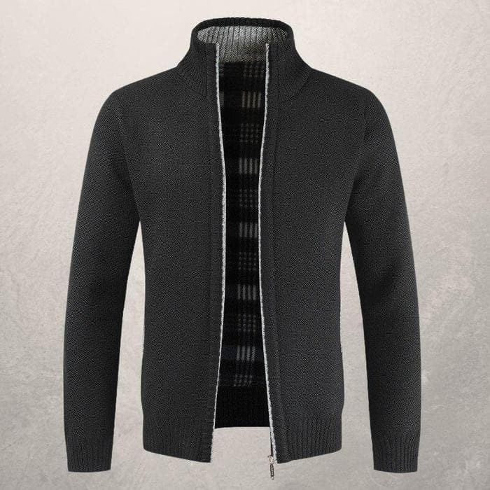 Men's Knit Cardigan - Zipper Closure - Ribbed Collar - Warm and Stylish