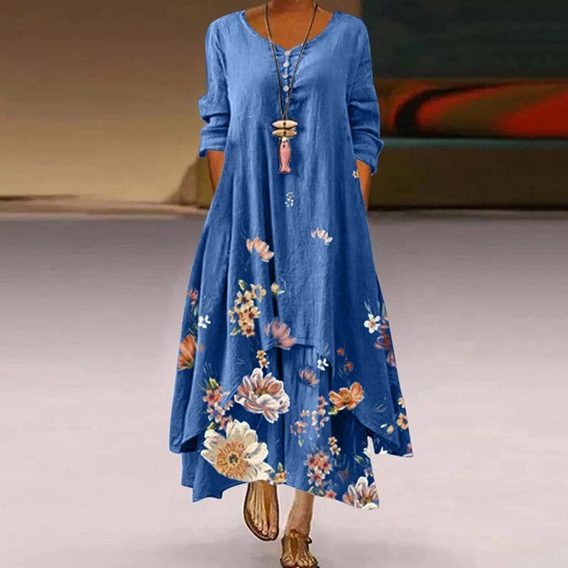 Women's Maxi Dress - Loose Fit - V-Neck with Buttons - Floral Lightweight Design
