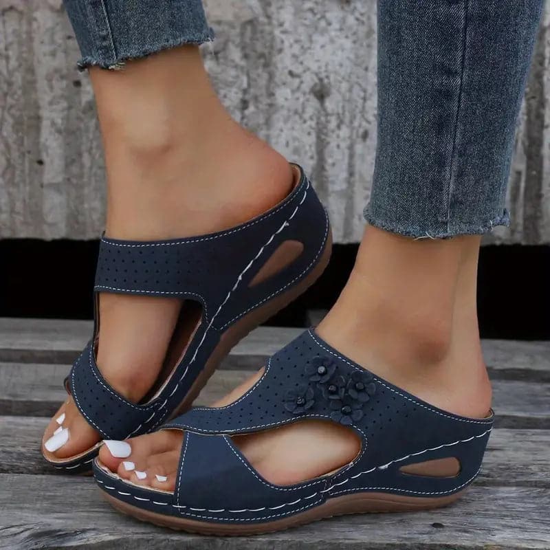 Women's Sandals - Leather - Wedge Heel - Slip-on - Open Toe - Cutouts & Flower Details