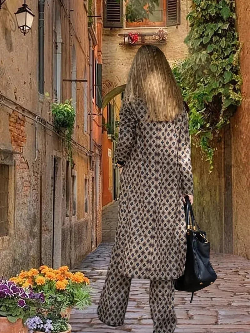 Women's Set - Long Open Coat & Wide Pants - Geometric Pattern - Elegant Fit