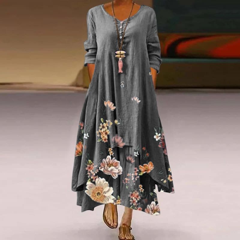 Women's Maxi Dress - Loose Fit - V-Neck with Buttons - Floral Lightweight Design
