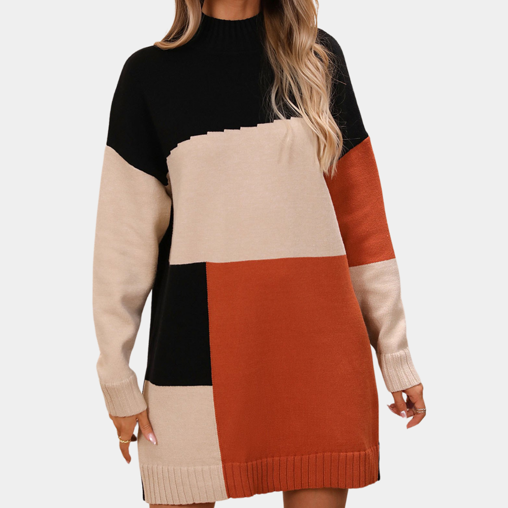 Dame Strikket Sweaterkjole - Oversized Pasform - Blød og Varm - Ribbet Kant