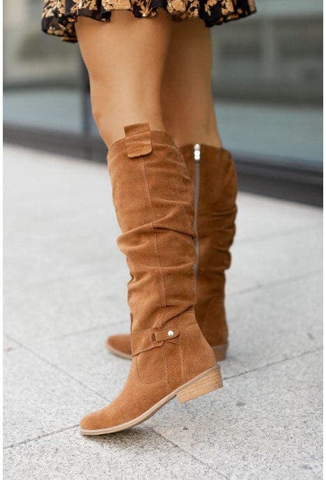 Women's Boots - Mid-Calf Slouchy Design - Genuine Suede - Flat Comfortable Sole