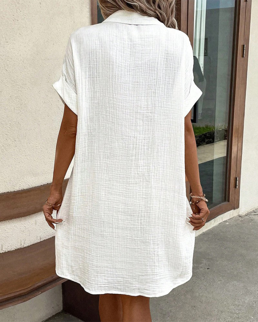 Women's Shirt Dress - Button Closure - Short-Sleeved - Relaxed Fit - Light and Breathable
